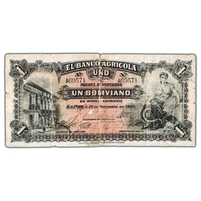 Bolivia El Banco Agricola 1903 1 One Boliviano Note P #S101 - Taped/Issues