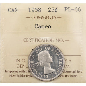 SOLD Canada 1958 25 Cents Quarter Proof-Like Silver Coin - ICCS PL-66 Cameo