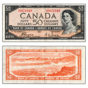 SOLD $50 1954 Bank of Canada Note Devil Face A/H Prefix BC-34a - VF+