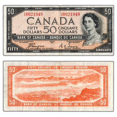 SOLD $50 1954 Bank of Canada Note Devil Face A/H Prefix BC-34a - VF+
