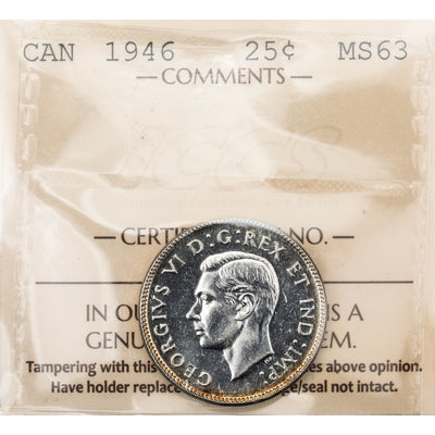 SOLD Canada 1946 25 Cents Quarter Silver Coin - ICCS MS-63
