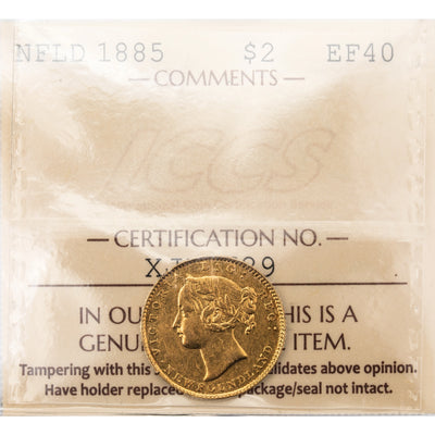SOLD Newfoundland 1885 $2 Two Dollars Gold Coin - ICCS EF-40