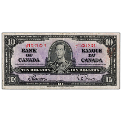$10 1937 Bank of Canada Note Gordon-Towers J/D Prefix BC-24b - VF