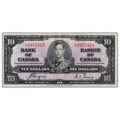 $10 1937 Bank of Canada Note Coyne-Towers L/T Prefix BC-24c - VF
