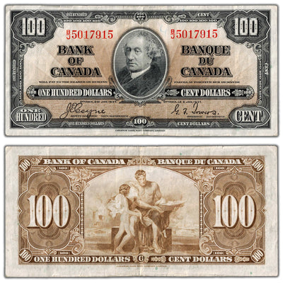 $100 1937 Bank of Canada Note Coyne-Towers B/J Prefix BC-27c - VF+ (writing)