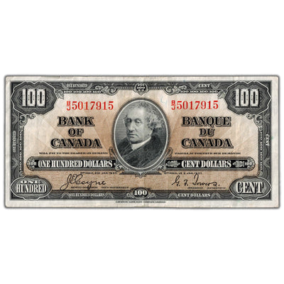 $100 1937 Bank of Canada Note Coyne-Towers B/J Prefix BC-27c - VF+ (writing)