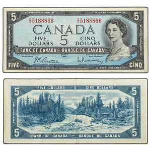 SOLD $5 1954 Bank of Canada Note Beattie-Rasminsky O/X Prefix BC-39b - VF