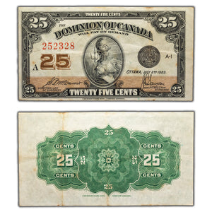 SOLD 25 Cents 1923 Dominion of Canada Shinplaster Note DC-24c - VF (staining)
