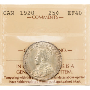 SOLD Canada 1920 25 Cents Quarter Silver Coin - ICCS EF-40