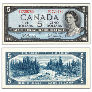 SOLD $5 1954 Bank of Canada Note Beattie-Rasminsky H/X Prefix BC-39b - AU+