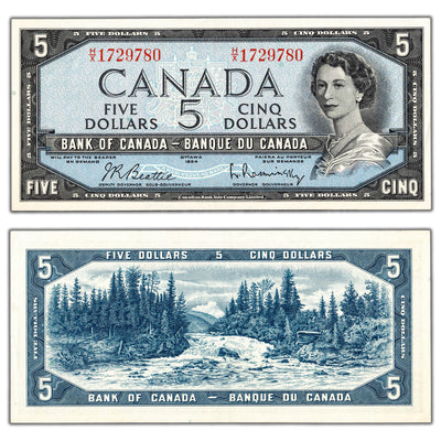 $5 1954 Bank of Canada Note Beattie-Rasminsky H/X Prefix BC-39b - AU+