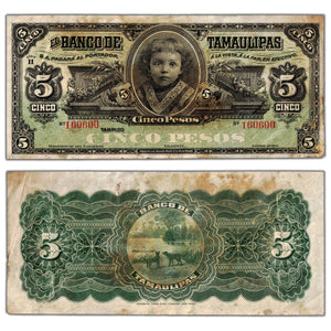SOLD Mexico El Banco de Tamaulipas ND (1904-14) 5 Five Pesos Note P #S429 - Soiled