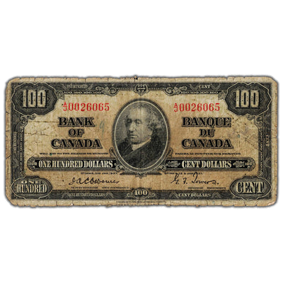 $100 1937 Bank of Canada Note Osborne Signature BC-27a - Circulated/Filler