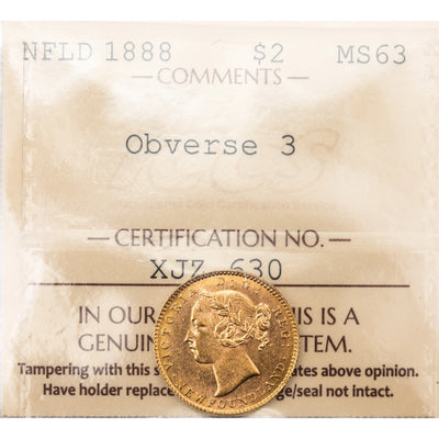 SOLD Newfoundland 1888 Obverse 3 $2 Two Dollars Gold Coin - ICCS MS-63