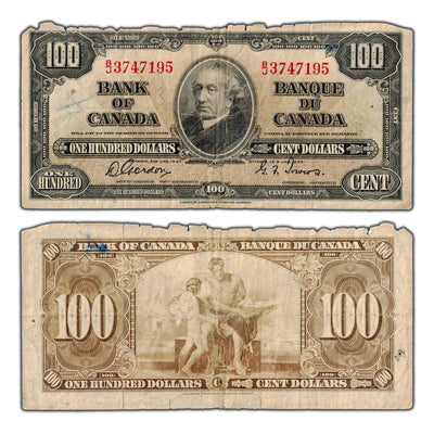 SOLD $100 1937 Bank of Canada Note Gordon-Towers B/J Prefix BC-27b - Damaged