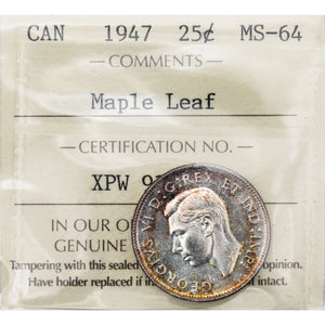 SOLD Canada 1947 Maple Leaf 25 Cents Quarter Silver Coin - ICCS MS-64
