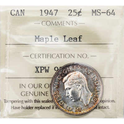 Canada 1947 Maple Leaf 25 Cents Quarter Silver Coin - ICCS MS-64