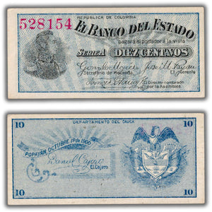 SOLD Colombia El Banco Del Stado 1900 10 Ten Centavos Notę P #S501 - AU