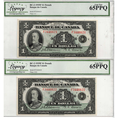 SOLD $1 1935 Banque du Canada Notes French Text BC-2 - 2 Consec Legacy Gem UNC-65 PPQ