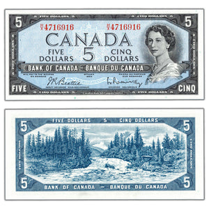 SOLD $5 1954 Bank of Canada Note Beattie-Rasminsky H/X Prefix BC-39b - AU+ (staple hole)