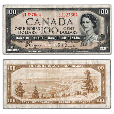 SOLD $100 1954 Bank of Canada Note Devil Face Coyne-Towers BC-35a - F/VF