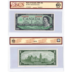 SOLD $1 1967 Bank of Canada Note Beattie-Rasminsky F/P Prefix BC-45b-i - BCS UNC-60