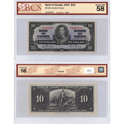 SOLD $10 1937 Bank of Canada Note Gordon-Towers O/D Prefix BC-24b - BCS AU-58