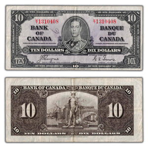 SOLD $10 1937 Bank of Canada Note Coyne-Towers K/T Prefix BC-24c - Writing