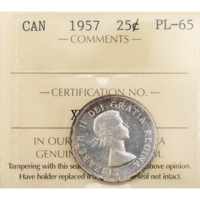 Canada 1957 25 Cents Quarter Proof-Like Silver Coin - ICCS PL-65