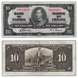 SOLD $10 1937 Bank of Canada Note Gordon-Towers W/D Prefix BC-24b - F/VF