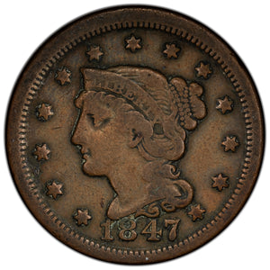 SOLD United States 1847 Re-Punched "1" Braided Hair Large Cent Coin