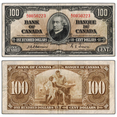 SOLD $100 1937 Bank of Canada Note Osborne Signature BC-27a - VF+