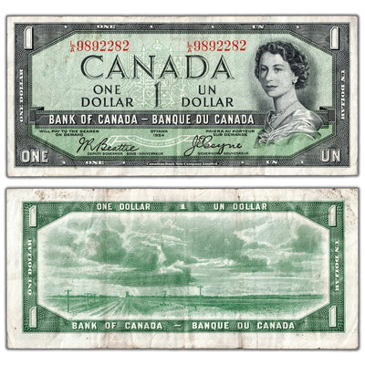 $1 1954 Bank of Canada Note Devil Face L/A Prefix BC-29b - VF