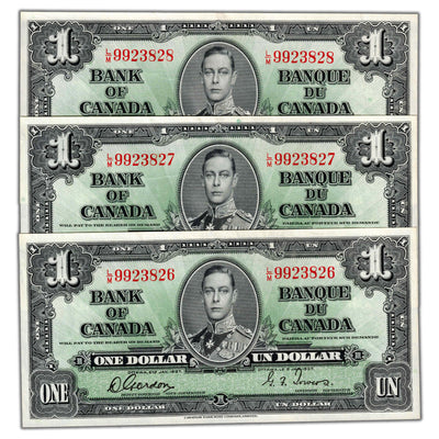 SOLD $1 1937 Bank of Canada Notes Z/M Prefix BC-21c - 3 Consecutive
