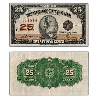 25 Cents 1923 Dominion of Canada Note Shinplaster DC-24c - VF+ (pinholes)