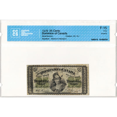 SOLD 25 Cents 1870 Dominion of Canada Shinplaster Note DC-1b-i - CCCS F-15