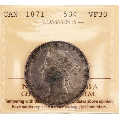 Canada 1871 50 Cents Half Dollar Silver Coin - ICCS VF-30