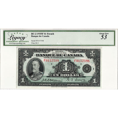 SOLD $1 1935 Banque du Canada Note French Text BC-2 - Legacy AU-53