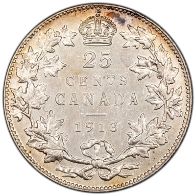 Canada 1913 25 Cents Quarter Silver Coin - Cleaned