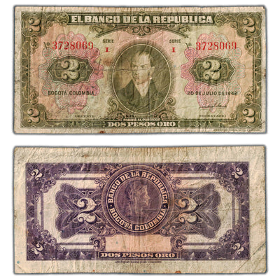Colombia 1942 2 Two Pesos Note P #390a - Circulated