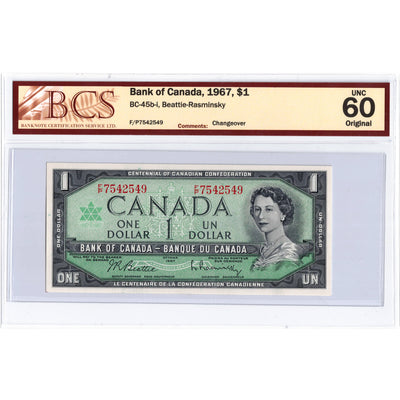 SOLD $1 1967 Bank of Canada Note Beattie-Rasminsky F/P Prefix BC-45b-i - BCS UNC-60