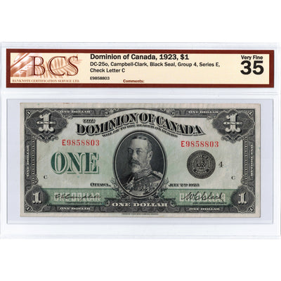 SOLD $1 1923 Dominion of Canada Note Black Seal Series E DC-25o - BCS VF-35