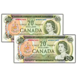SOLD $20 1969 Bank of Canada Notes WR Prefix BC-50b - 2 Consecutive AU