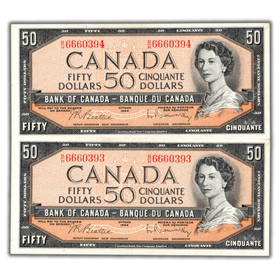 SOLD $50 1954 Bank of Canada Notes Beattie-Rasminsky BC-42b - Two Consecutive