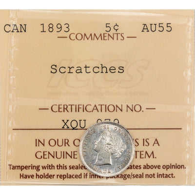 Canada 1893 5 Cents Silver Coin - ICCS AU-55 (scratches)