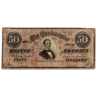 United States 1864 Confederate States $50 Fifty Dollars Note T-66 - Circulated