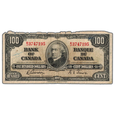 SOLD $100 1937 Bank of Canada Note Gordon-Towers B/J Prefix BC-27b - Damaged