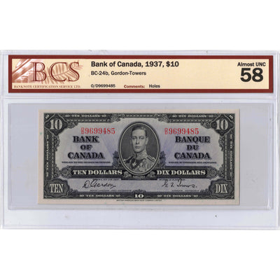 SOLD $10 1937 Bank of Canada Note Gordon-Towers O/D Prefix BC-24b - BCS AU-58