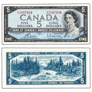 SOLD $5 1954 Bank of Canada Note Bouey-Rasminsky V/X Prefix BC-39c - Choice UNC