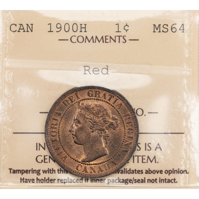 SOLD Canada 1900-H 1 Large Cent Coin - ICCS MS-64 Red